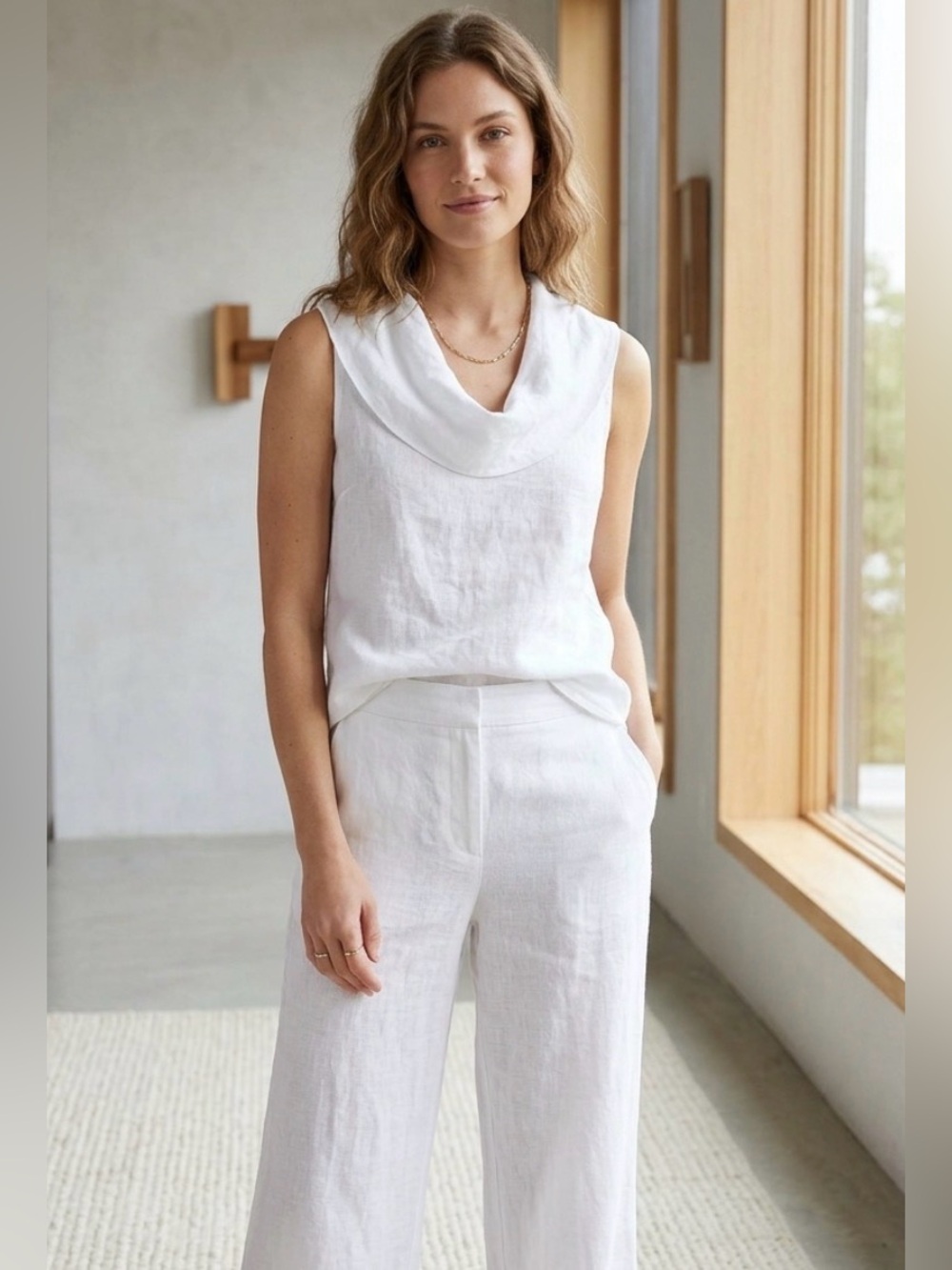 🐦‍⬛EUC Fenini White Linen Cowl Neck Tank Tunic Small